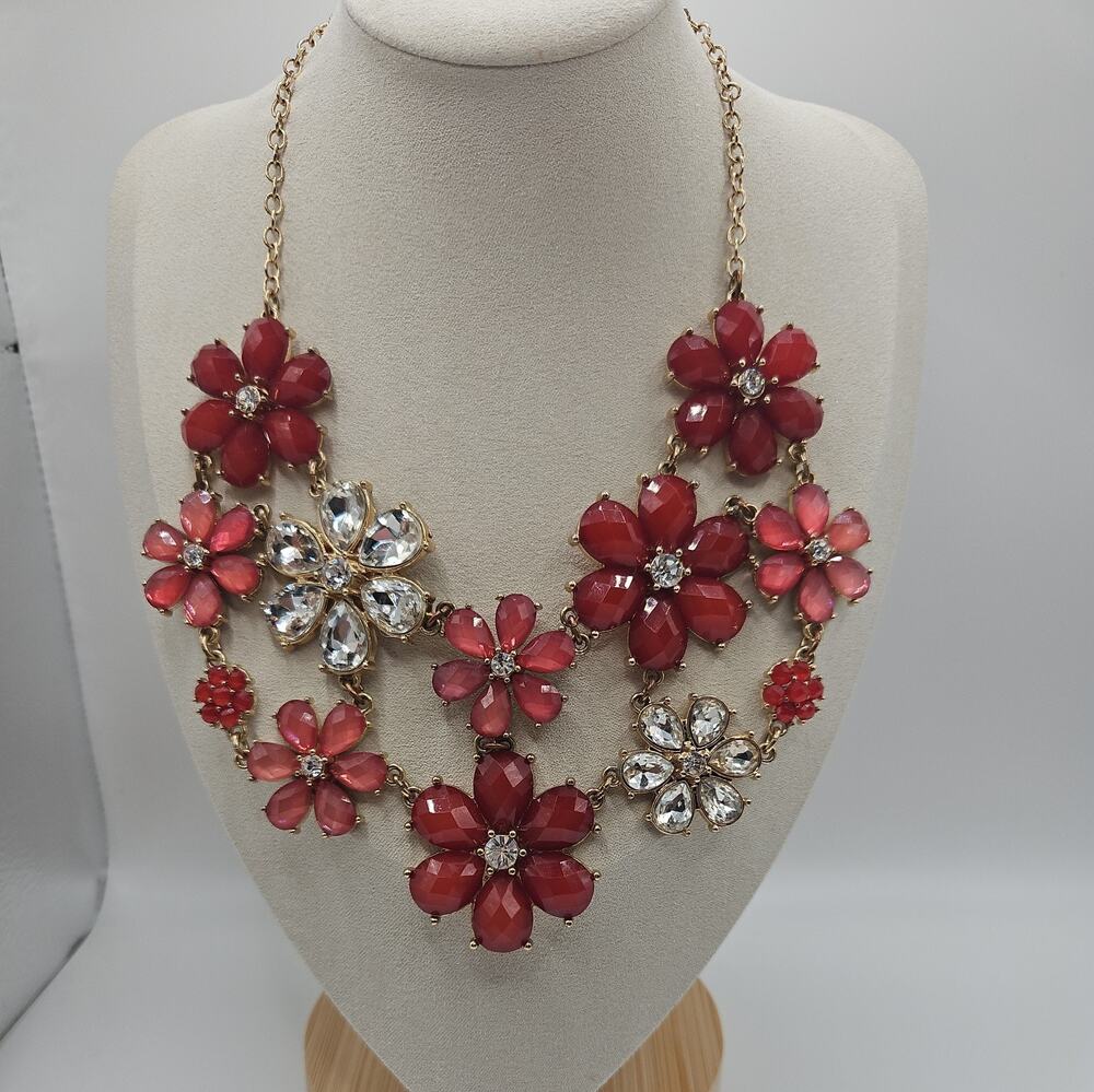 Vtg Fall Flower Power Red,Pink&Clear Gold toned Necklace,Kate Spade Inspired